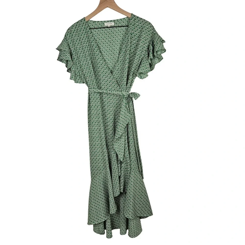 Max Studio Ruffle Trim Wrap Midi Dress S Green‎ Print Crepe V-Neck